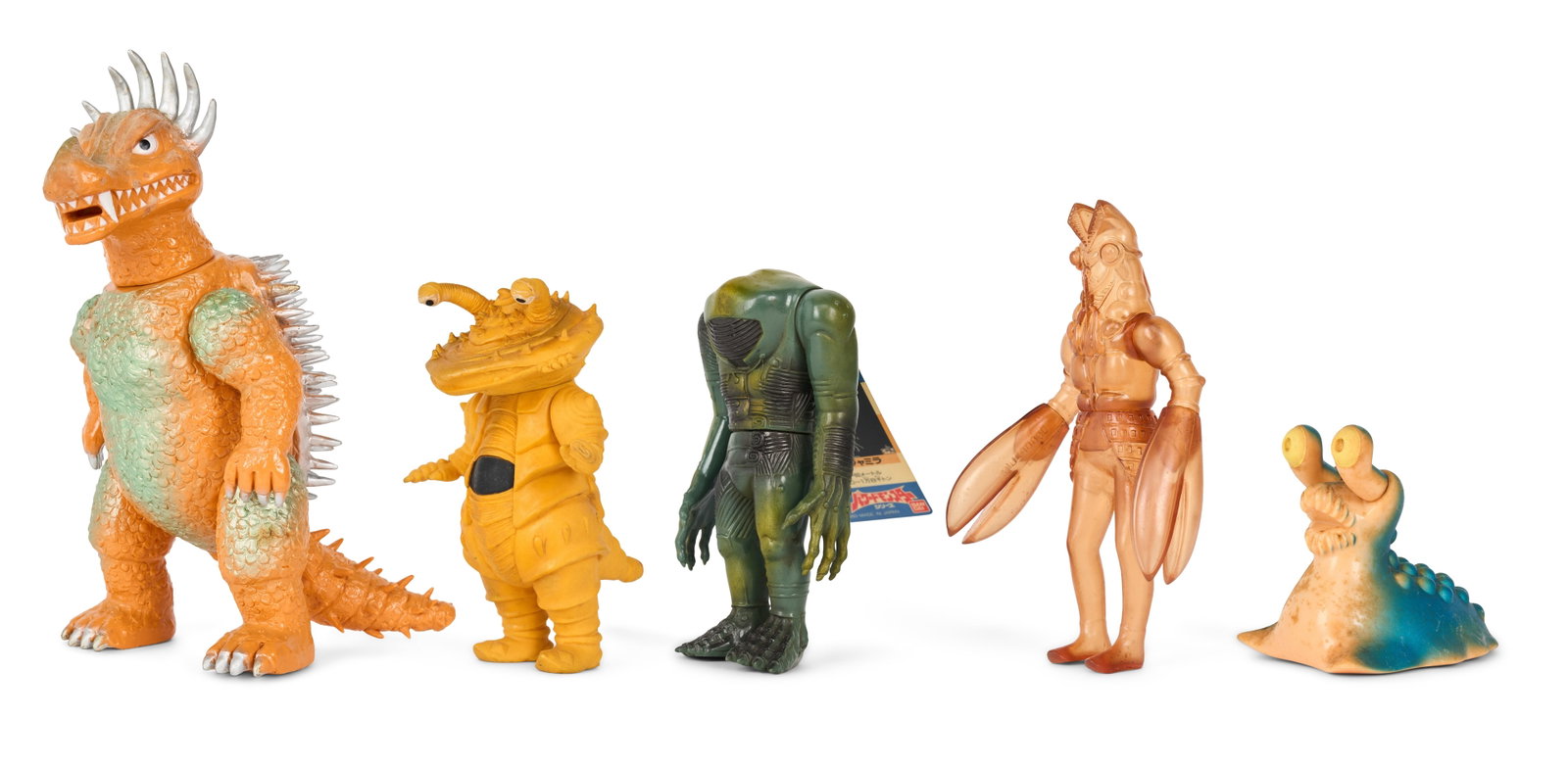 Sofubi | Vintage Kaiju Figures (5): A group of five vintage Kaiju figures, including Kanegon (Bandai), Baltan (Bandai), Anguirus from the Godzilla franchise (Marmit), Jamila (Bandai), and Namegon (Marmit). From the Estate of Sompote