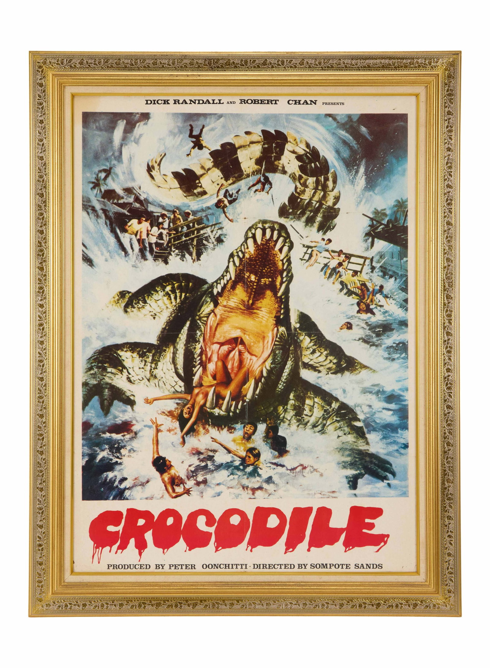 Crocodile | Framed English Poster: A framed English-language poster for the Thai horror film Crocodile (Chaiyo Productions Co., Ltd., 1979). Housed in a gold-tone frame with an off-white mat and glass. Sight: 38.25 x 27.5 inches.