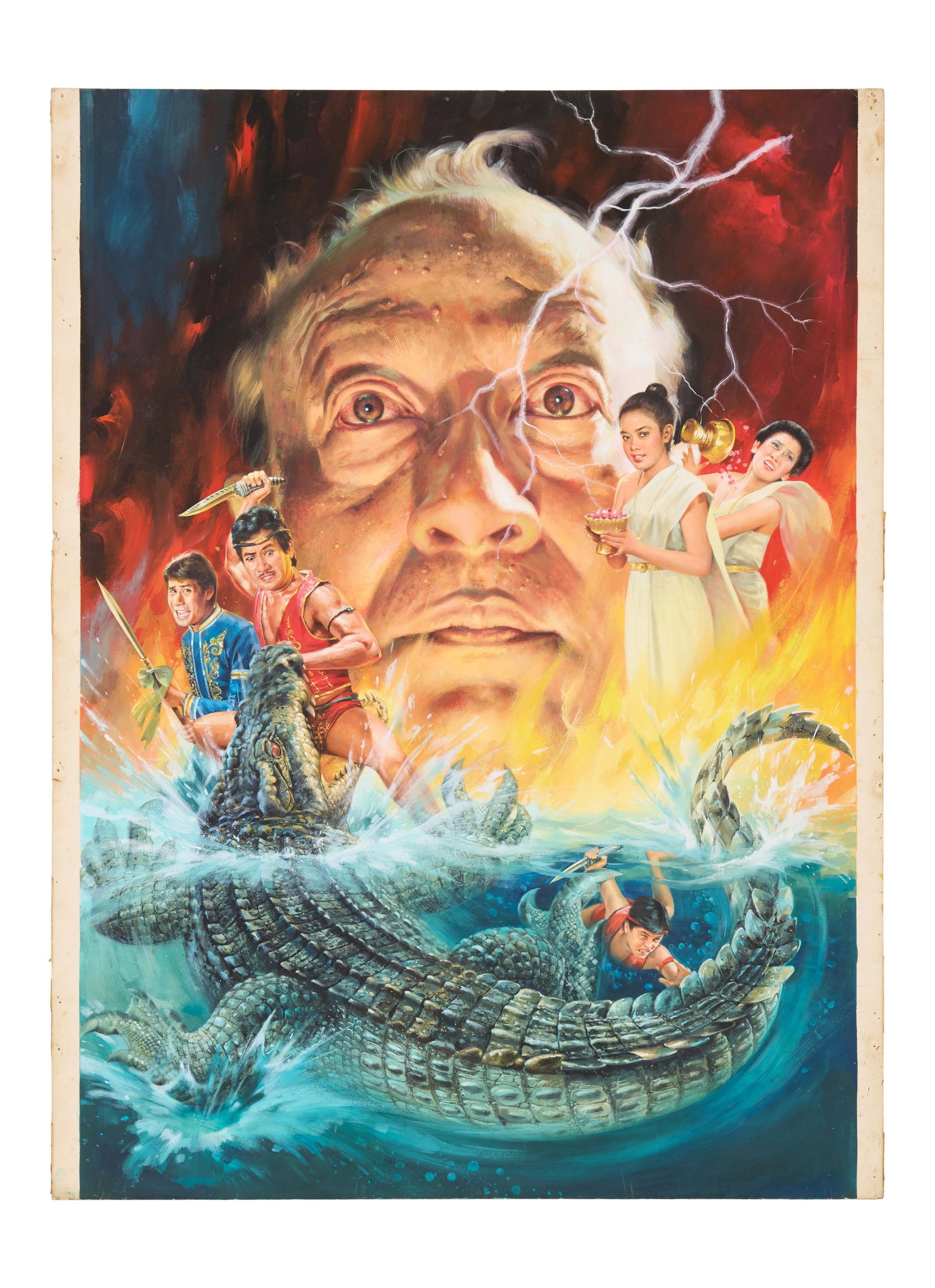 Crocodile Therakwad | Original Poster Artwork: An original painting on illustration board used for the one-sheet poster for the Thai fantasy film, Crocadile Therakwad (Chaiyo Productions Co., Ltd., 1982), co-directed by Sompote Sands and Neramit.