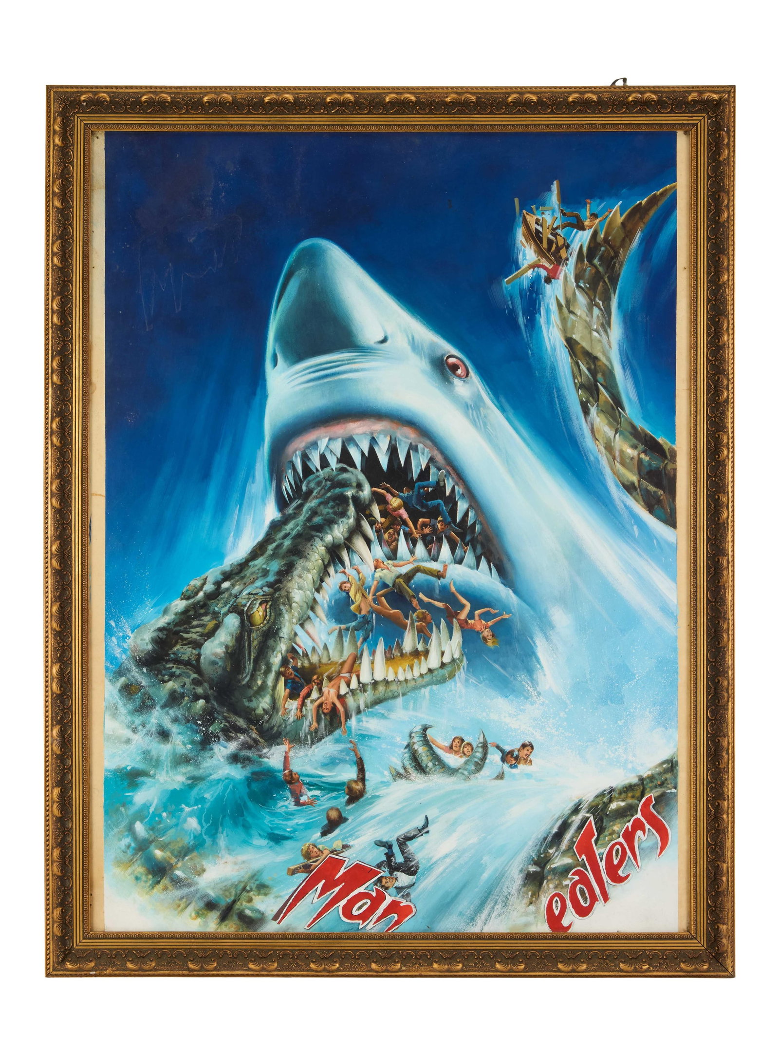 Man Eaters | Framed Original Poster Artwork: An original painting on illustration board for Man Eaters, housed in a bronze-tone frame with glass, depicting and giant shark and giant crocodile in mid-battle. The red title treatment, in two pieces