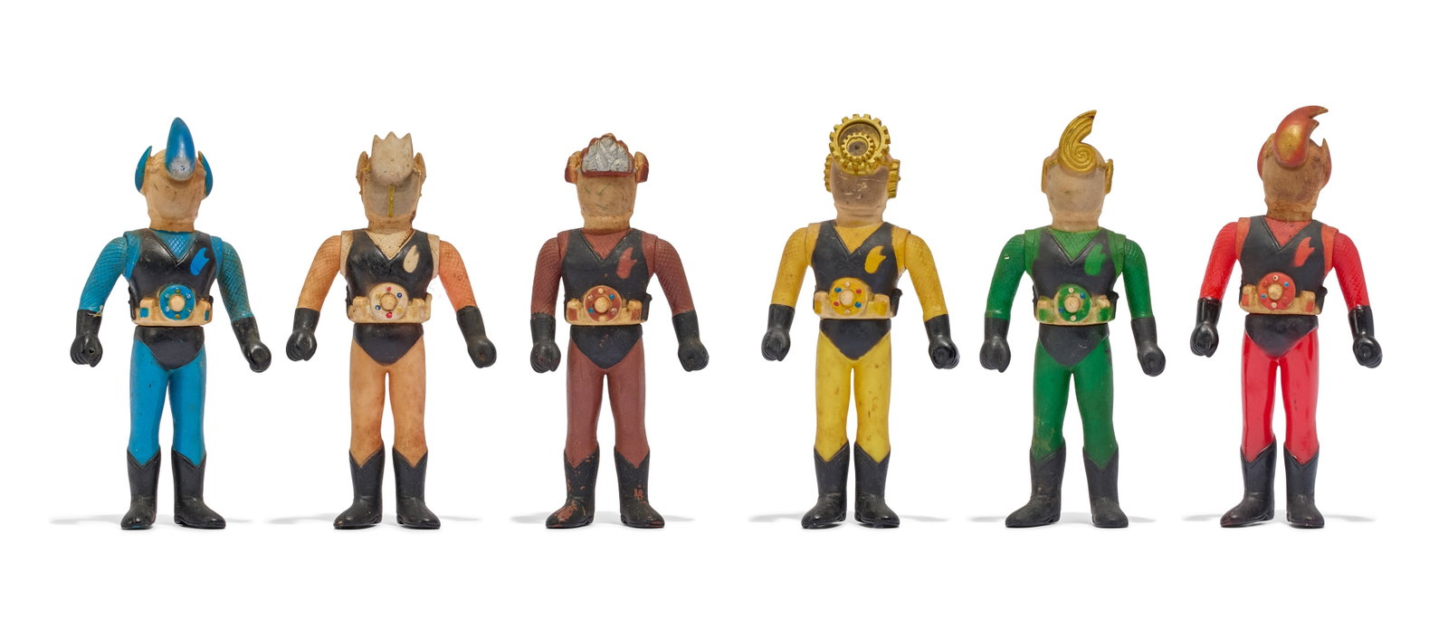 Sofubi | Vintage ?Ninja Captor" Figures (6): A collection of six vintage Popy figures from the series Ninja Captor (Toei Company, Ltd., 1976-1977). Includes figures of Fire-Stealth Captor 7, Water-Stealth Captor 2, Gold-Stealth Captor 5,