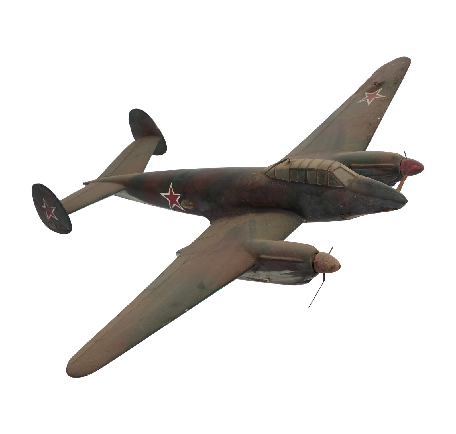 Petlyakov Pe-2 | Production-Made Soviet Dive Bomber Miniature: An original Petlyakov Pe-2 Soviet Dive Bomber miniature from an unknown production, most likely from the 1960s or 1970s. The plane is comprised of wood and resin components with hand-painted