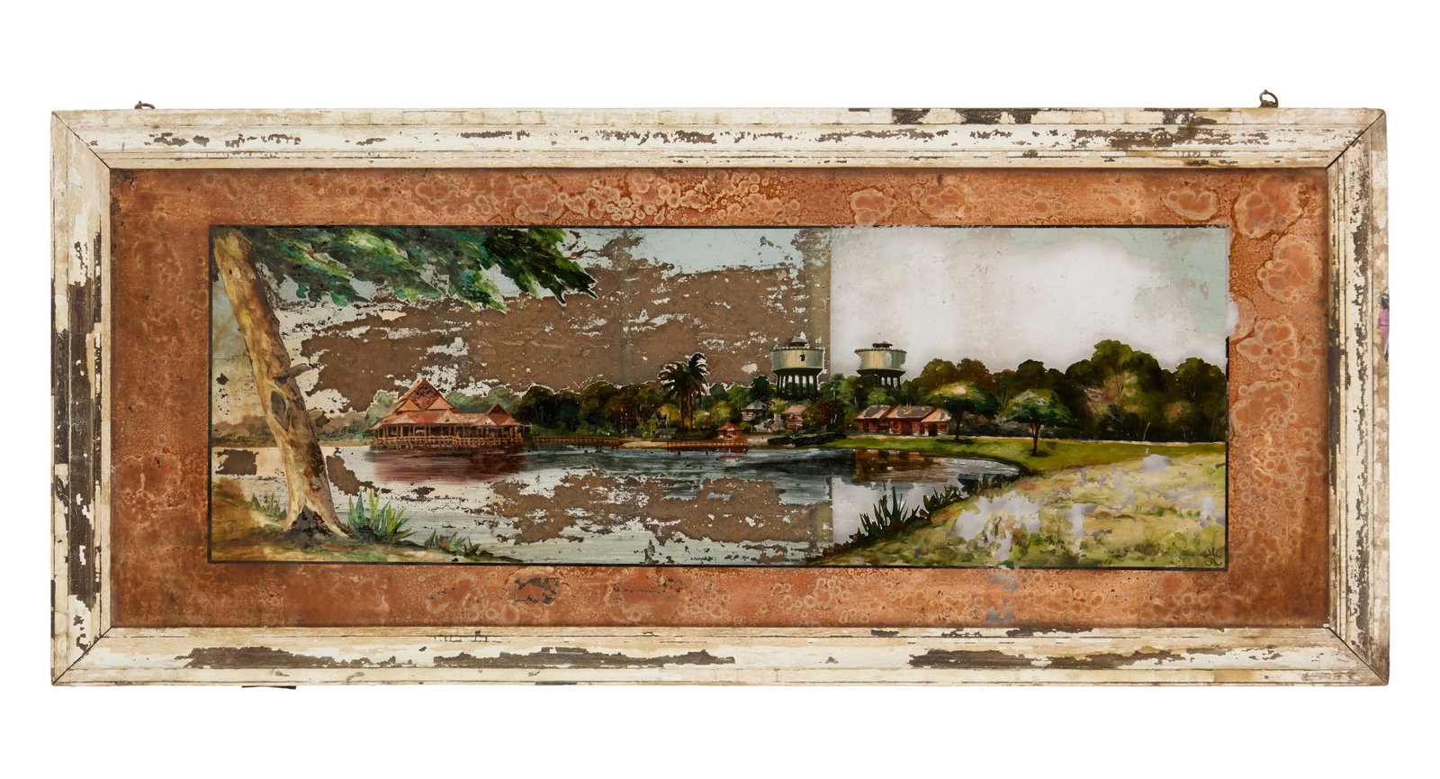 Matte Painting | Vintage, On Glass, Framed: A vintage matte painting on glass depicting a waterside Thai village with a pair of towers. Signed in the lower right by an unknown artist. The piece features significant wear including water damage