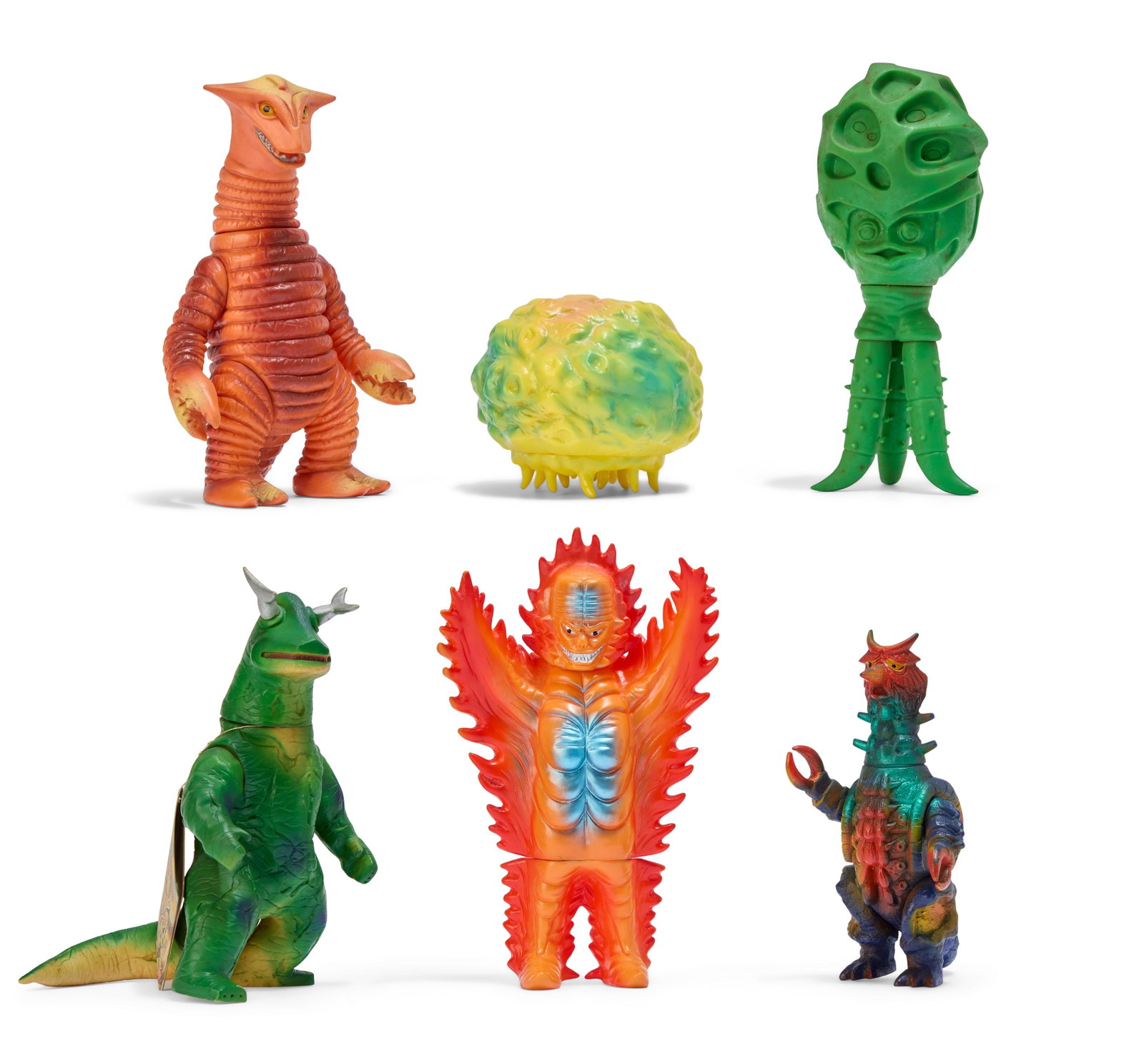 Sofubi | Vintage Kaiju Figures (6): A group of six vintage Kaiju figures. Includes Eleking with tag (Bullmark), Kitty Fire (Bullmark), Sadolar (Bullmark), Alien Chibull, Balloonga (Marusan), and Mururoa (Popy). From the Estate of Sompot