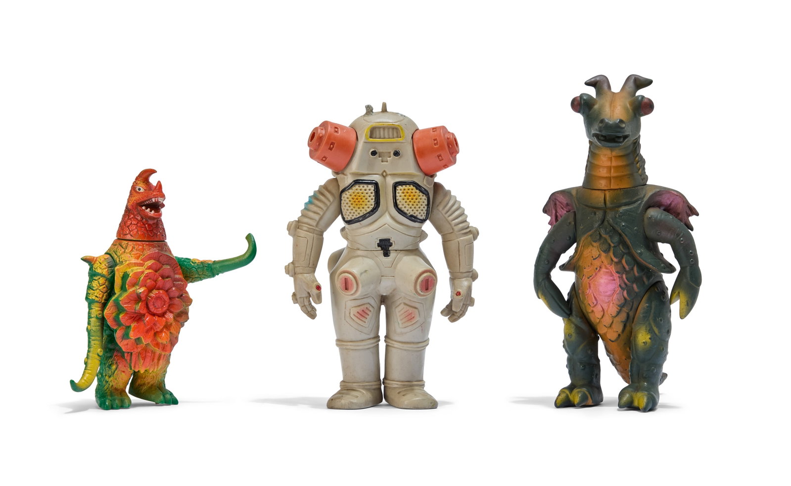 Sofubi | Vintage Kaiju Figures (5): A group of five vintage Kaiju figures. Includes Dodongo (Marusan), Walgilgar, Brocken (Bullmark), King Joe, and Astromons (Popy). From the Estate of Sompote Sands