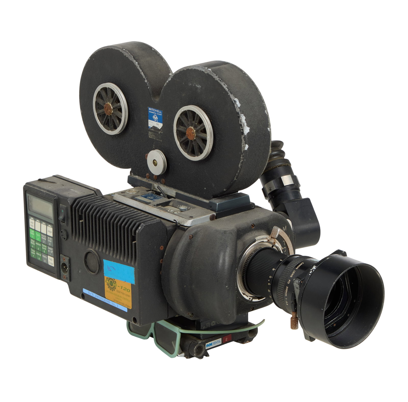 Mitchell | Vintage 35mm Motion Picture Camera: An original Mitchell brand 35mm motion picture camera (serial number 1367) with a DMS-120 digital motor system designed and made in England by Jackson Woodburn Controls (serial number JW03012DMS No,