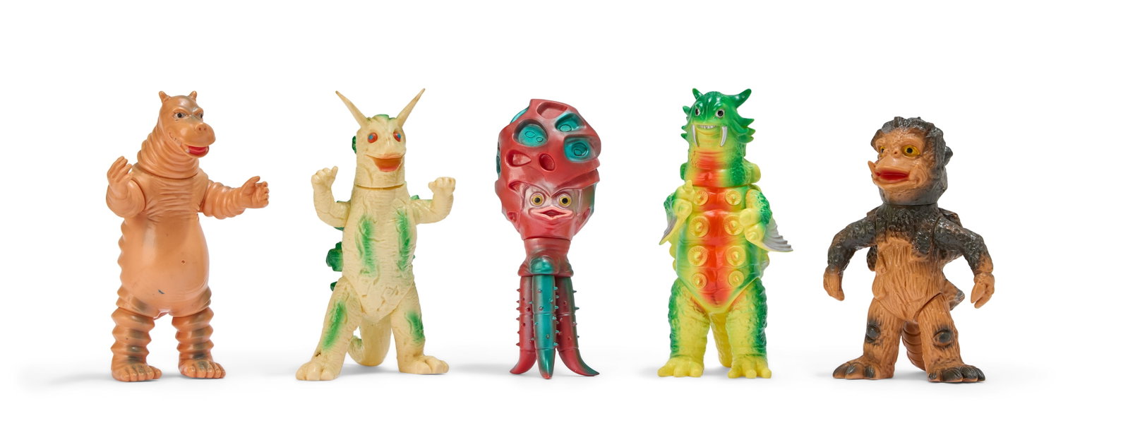 Sofubi | Vintage Kaiju Figures (5): A group of five vintage Kaiju figures. Includes Chamelegon (Bullmark), Alien Chibull (M1), Bera/Bella (Marusan), Daigoro (Bullmark), and Elex (Marusan). From the Estate of Sompote Sands