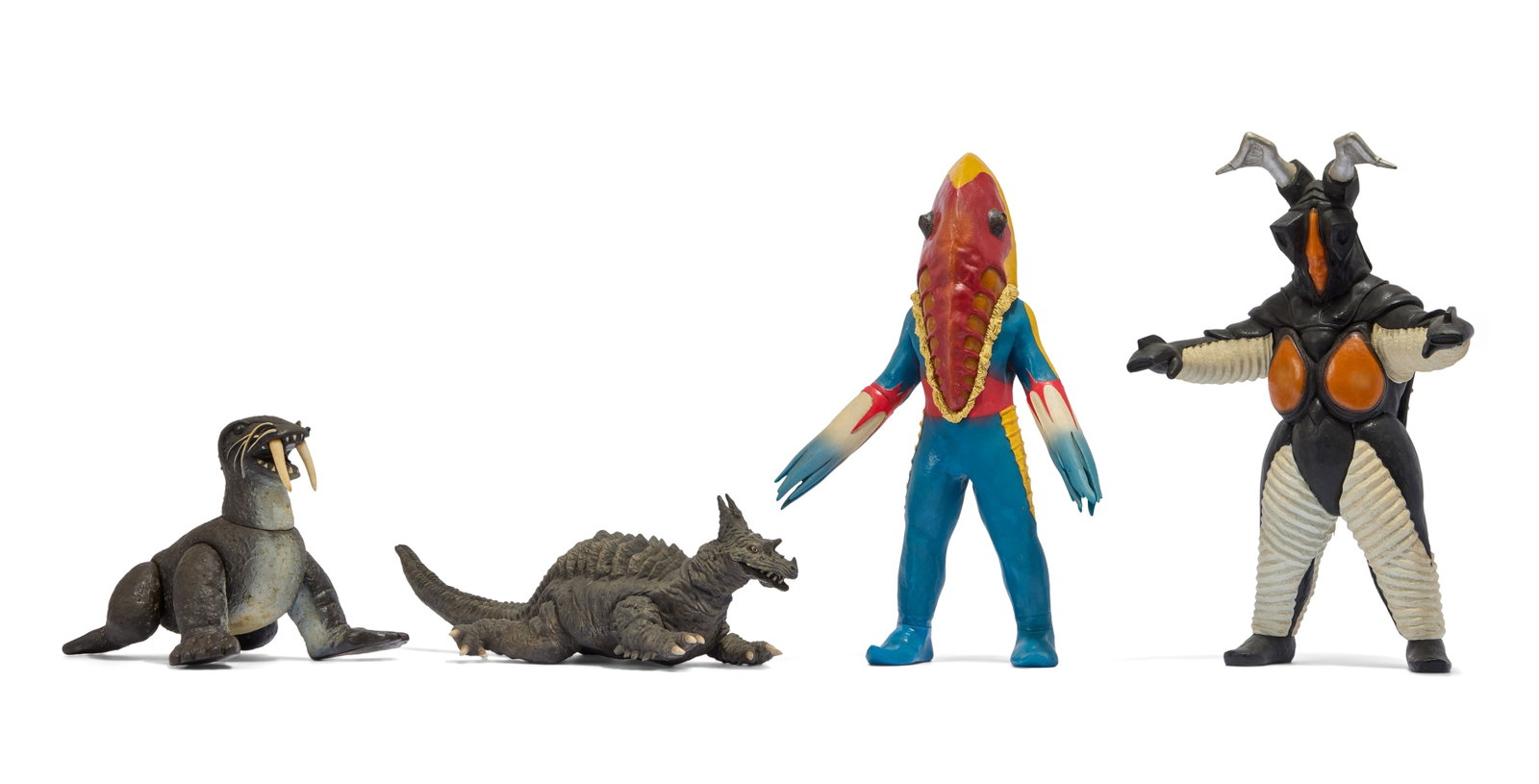 Sofubi | Kaiju Figures (4): A collection of four kaiju sofubi figures. Includes Alien Metron (Banpresto), Zetton (Banpresto), Pagos (X-Plus), and Maguma (Marmit). Please note: the Pagos figure is missing its tusks. From the