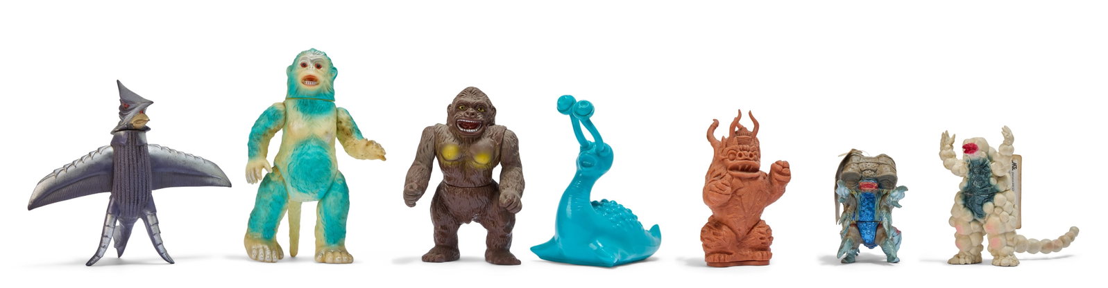 Sofubi | Vintage Kaiju Figures (6): A group of six vintage Kaiju figures. Includes Goro (Bullmark), Magnia with tag (Bandai), Zigra (Bandai), Namegon (Bullmark), Miclas (M1), Gatanothor with tag (Bandai), and Giant Gorilla (Marusan).