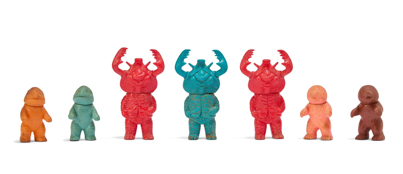 Sofubi | Small Vintage Kaiju Figures (14): A group of fourteen vintage miniature Kaiju figures, including Antlar (x3), Alien Mefilas (Bandai Bullmark), Sadora, Mongula (x2) (Bullmark), Gorgos (x2) (Bullmark), King Joe (Bullmark), Zetton 