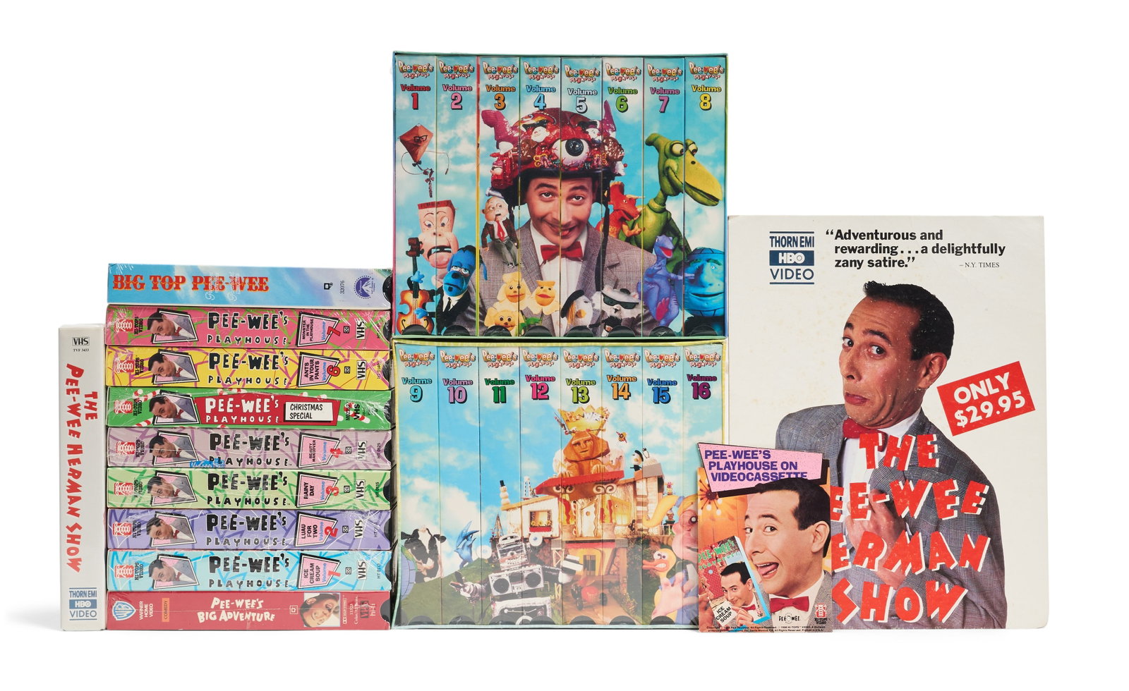 Paul Reubens | Pee-wee Herman VHS Collection (26): A group of twenty-six VHS tapes, still sealed, for Pee-wee's Playhouse (CBS, 1986-1990), The Pee-wee Herman Show (HBO, 1981), Pee-wee's Big Adventure (Warner Bros., 1985), and Big Top Pee-wee (Paramou