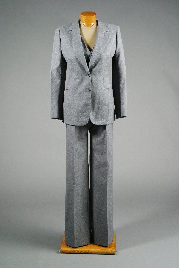 Barbra Streisand A Star Is Born Suit: Three Piece Suit by Brioni, Personal Wardrobe Three piece grey wool suit by Brioni, size 8, fully lined, jacket having two button closure, two front side slit pockets, shoulder padding, with matching