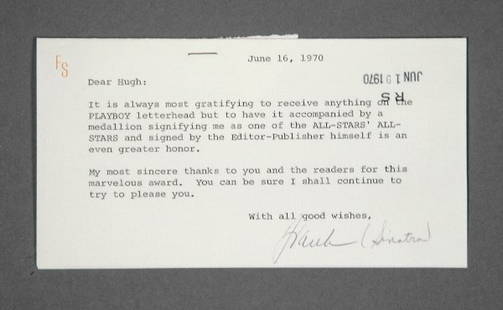 PLAYBOY: Frank Sinatra Letter to Hugh Hefner: Typed note signed ("Frank"), 1 page, on special "FS" letterhead, 7 3/8 by 4 inches, no place, June, 1970, with partial custom transmittal envelope stapled to top, overall fine condition.Sinatra types