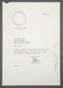 PLAYBOY: Steve McQueen Letter to Hugh Hefner: Typed letter signed ("Steve"), 1 page, 7 3/8 by 10 ½ inches, Chicago, Illinois, December 1969, on personalized Steve McQueen letterhead, creased twice, minor losses at top, overall fine condition.In