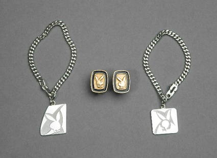 Vintage PLAYBOY Accesories: Comprised of three customized vintage Playboy merchandising items, including a pair of black and gold clip on earrings featuring the Rabbit Head Logo, presented in velour case and stamped in gold