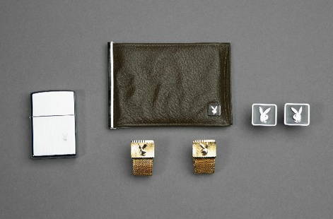 Vintage PLAYBOY Men's Jewelry: Comprised of four customized vintage Playboy merchandising items, including an Olive leather billfold featuring metal Rabbit Head Logo on exterior, designed for Playboy by Dopp Leather Goods, silver