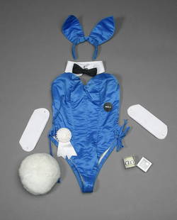 Vintage PLAYBOY Bunny Costume: "Nine piece costume ensemble, comprised of a bodice in blue satin, label inside reading: "Regular D 34," fully lined in cotton, boned, bra area wire formed, lined and padded with small pellets,