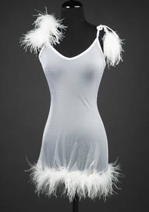 PLAYBOY Anka Romensky Worn Lingerie: "Playmate, February 2002 Custom synthetic blend white nightgown, having spaghetti straps, bottom hem and shoulder areas adorned with white ostrich feathers, no label, very light wear, overall fine