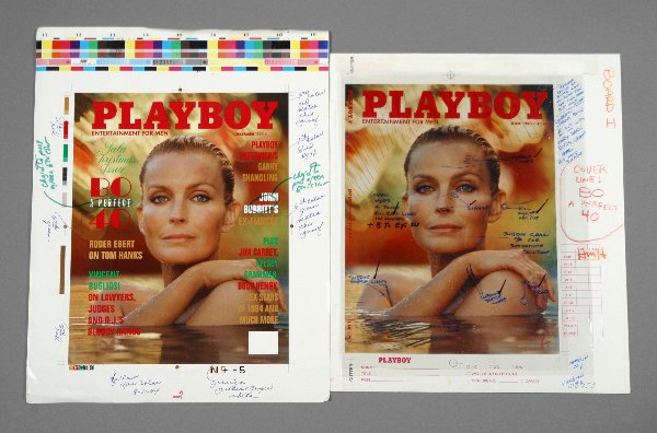 PLAYBOY Bo Derek Cover Layout: December 1994 Original camera artwork, featuring a color image of Bo Derek, 8 ½ by 11, mounted on artist board to 12 by 14 inches, December, 1994, having acetate coversheet with handwritten notations