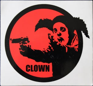 Banksy Clown Skateboards sticker ca. 2001