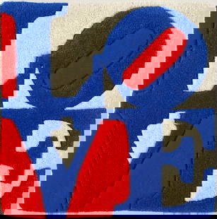 Robert Indiana LOVE rug 2008: Robert Indiana LOVE Limited Edition rug 2008 Dimensions: 15 H x 15 W in. Hand-tufted, carved wool rug-tapestry