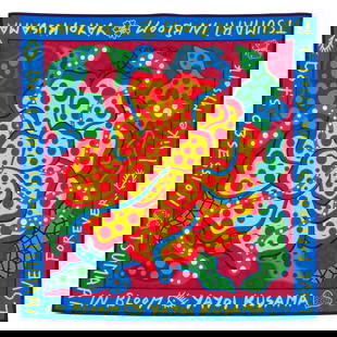 Yayoi Kusama - Tsumari in Bloom Wrapping cloth, 2018: Yayoi Kusama "Tsumari in bloom", Wrapping cloth, Dimensions: 43.4 x 43.4 in. Print on polyester Executed in 2018, this work is designed by Yayoi Kusama representing the homonymous sculpture created by