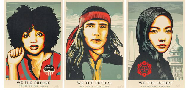 Shepard Fairey We the Future set of 3 SIGNED offset lithographs 2018: Shepard Fairey We the Future set of 3 SIGNED offset lithographs 2018 Dimensions: 36 H x 24 W in. Offset lithograph