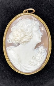 Oval Cameo - Woman with Flowers-Signed
