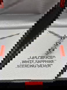White LG Sapphire Three Stone Necklace: Sterling Silver Lab Created White Sapphire (3) stone necklace, see photos for details and condition. New in Box