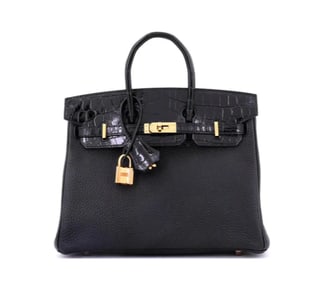 Hermes Touch Birkin Bag Noir Togo with Shiny Niloticus Crocodile with Rose Gold Hardware 25