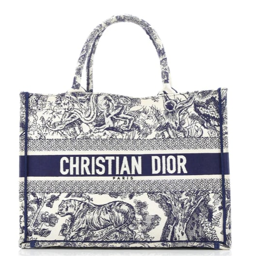 Christian Dior Book Tote Embroidered Canvas Medium: Christian Dior Book Tote – Blue Toile de Jouy Make a statement with this iconic Christian Dior Book Tote in the striking blue Toile de Jouy pattern. Designed for everyday elegance, this tote embodie