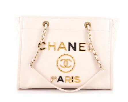 Chanel Deauville Tote Embellished Shiny Calfskin Small: Chanel Large Shopping Tote – White Leather with Embroidered Logo Carry your essentials in style with this Chanel Large Shopping Tote. Crafted from luxurious white leather, this spacious tote