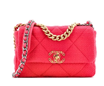 Chanel 19 Flap Bag Quilted Tweed Medium: Chanel 19 Flap Bag – Red Quilted Tweed with Mixed Hardware Make a bold and vibrant statement with this Chanel 19 Flap Bag. Crafted from luxurious red tweed with Chanel’s signature oversized