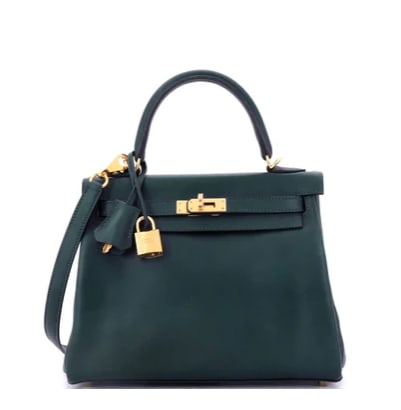 Hermes Kelly Handbag Vert Cypress Swift with Gold Hardware 25: Hermès Kelly 32 – Vert Cypress Box Calf Leather with Gold Hardware Refined and timeless, this Hermès Kelly 32 showcases the house’s exceptional craftsmanship. Made from smooth Box Calf leather i