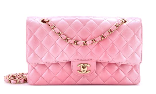 Chanel Classic Double Flap Bag Quilted Iridescent Lambskin Medium: Chanel Classic Double Flap Bag – Pink Quilted Lambskin with Gold Hardware Bring a pop of color to your collection with this Chanel Classic Double Flap Bag. Crafted from luxurious pink lambskin leath