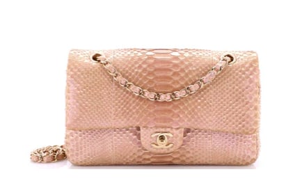 Chanel Classic Double Flap Bag Python Medium: Chanel Classic Flap Bag – Blush Pink Python Leather with Gold Hardware Elevate your collection with this rare and luxurious Chanel Classic Flap Bag. Crafted from exotic blush pink python leather, th
