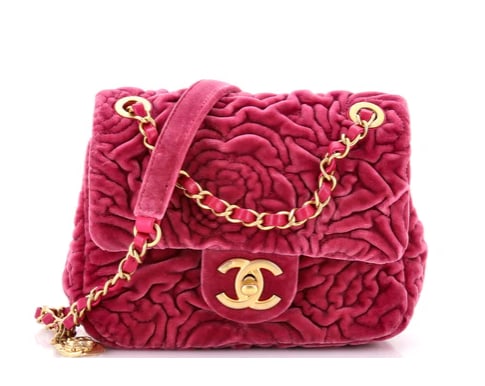 Chanel Square Classic Single Flap Bag Camellia Velvet Mini: Chanel Flap Bag – Burgundy Camellia Quilted Velvet with Gold Hardware Add a touch of luxury and texture to your collection with this Chanel Flap Bag. Crafted from rich burgundy velvet with