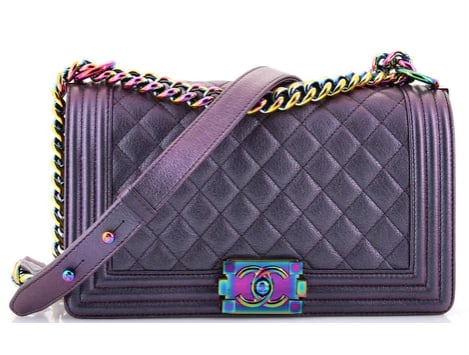 Chanel Boy Flap Bag Quilted Iridescent Goatskin Old Medium: Chanel Boy Bag – Iridescent Purple Quilted Calfskin with Rainbow Hardware Modern and edgy, this Chanel Boy Bag adds a vibrant twist to the iconic silhouette. Crafted from luxurious iridescent