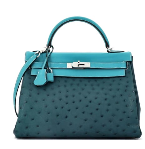 Hermes Kelly Handbag Tricolor Ostrich with Swift and Clemence and Palladium Hardware 32: Hermès Kelly Sellier 32 – Bleu Izmir Ostrich Leather with Palladium Hardware A masterpiece of craftsmanship, this Hermès Kelly Sellier 32 combines timeless elegance with an exotic finish. Crafted