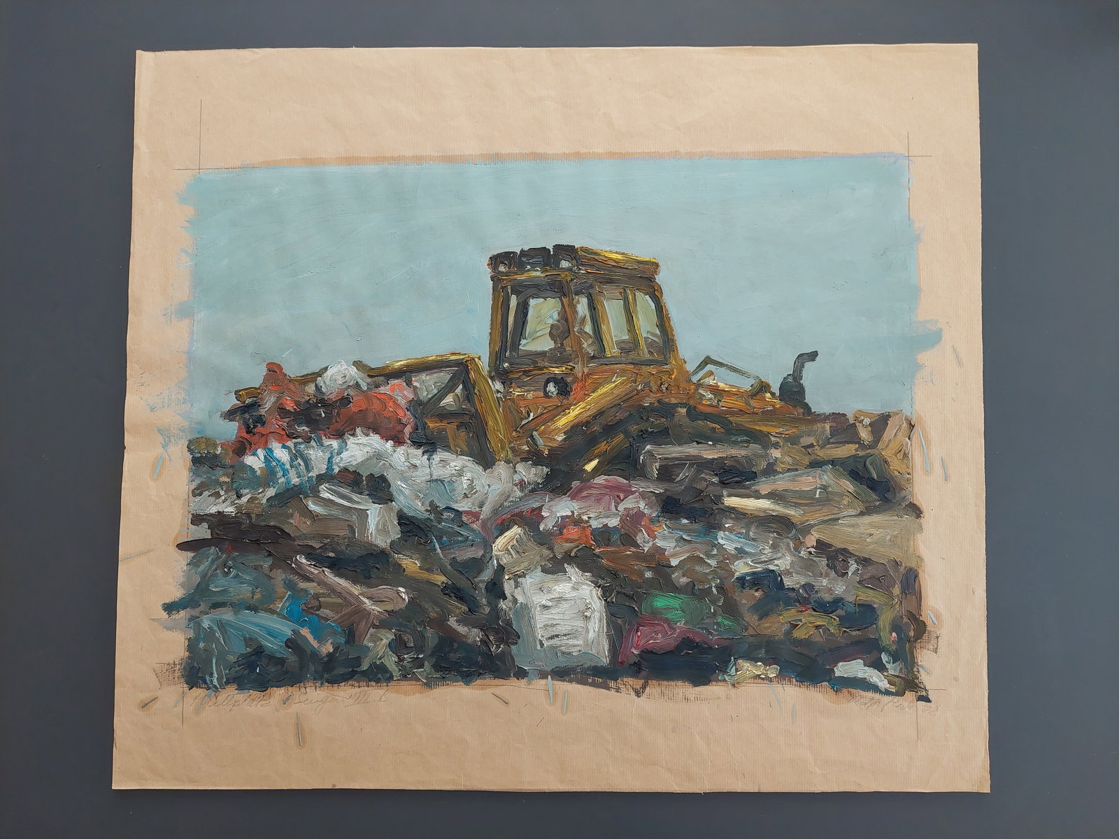 Ralph Fleck Müllplatz Singen III.: Ralph Fleck Müllplatz Singen III. B. Öl auf Papier Maße: 65 x 75 cm Alters- und Gebrauchsspuren Ralph Fleck Garbage Site Singen III. B. Oil on paper Dimensions: 25.6 x 29.5 in (inches)