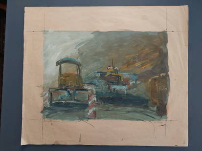 Ralph Fleck Straßenbau 1. Fassung: Ralph Fleck Stra&#223;enbau 1. Fassung &#214;l auf Papier Ma&#223;e: 65 x 77 cm Alters- und Gebrauchsspuren Ralph Fleck Road Construction, First Version Oil on paper Dimensions: 25.6 x 30.3 in (inches