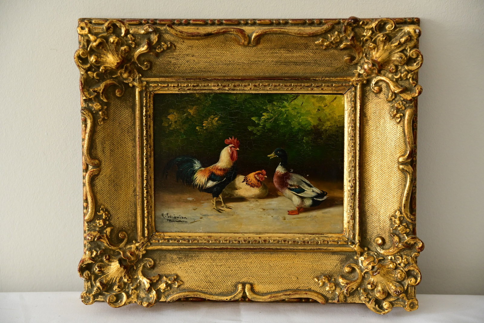 Alfred Schönian - Huhn, Hahn und Stockente: Alfred Schönian - Huhn, Hahn und Stockente Alfred Schönian Huhn, Hahn und Stockente Öl auf Holz 23 x 28 cm m.R. Alfred Schönian Hen, Rooster and Mallard Oil on wood 23 x 28 cm (wit