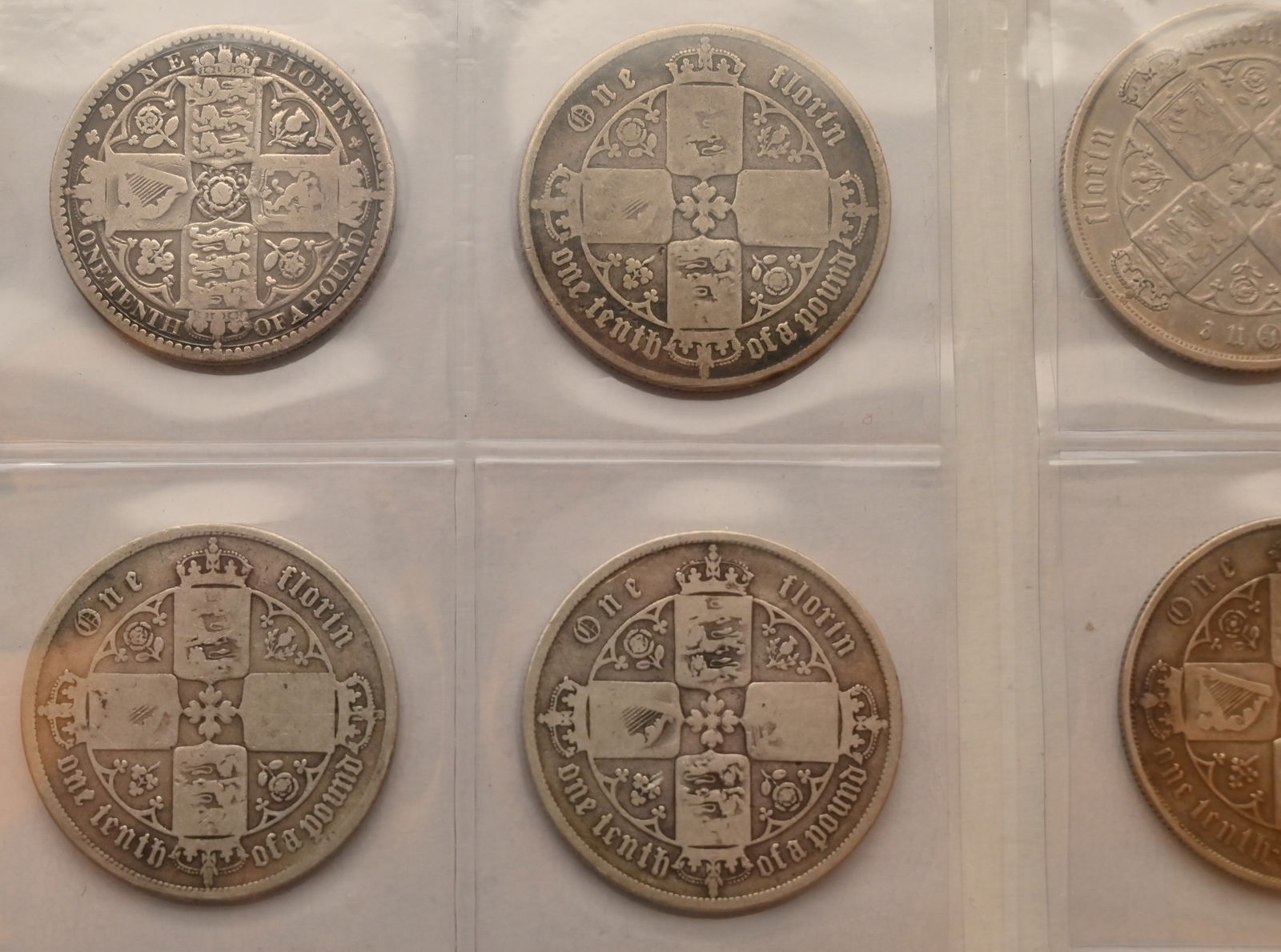 Gr. Sammlung Großbritannien, 1 Florin, 2 - 3 - 5 - 10 - 50 Pence, von 1849 bis 1990: Gr. Sammlung Großbritannien, 1 Florin, 2 - 3 - 5 - 10 - 50 Pence, von 1849 bis 1990 1 Florin von 1849, 1852, 1853, von 1856 bis 1859, 1865, 1866, von 1869 bis 1878, zweimal 1880, 1881, 1883,
