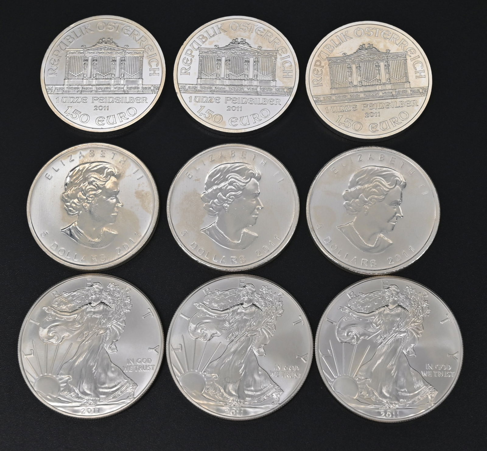 9 x 1 Unze (Kanada, Österreich, USA) Silbermünzen, 2011: 9 x 1 Unze (Kanada, Österreich, USA) Silbermünzen, 2011 9 Unzen Silbermünzen:3 x 5 Dollar Kanada aus dem Jahr 20113 x 1,5 Euro Österreich aus dem Jahr 20113 x 1 Dollar USA aus dem