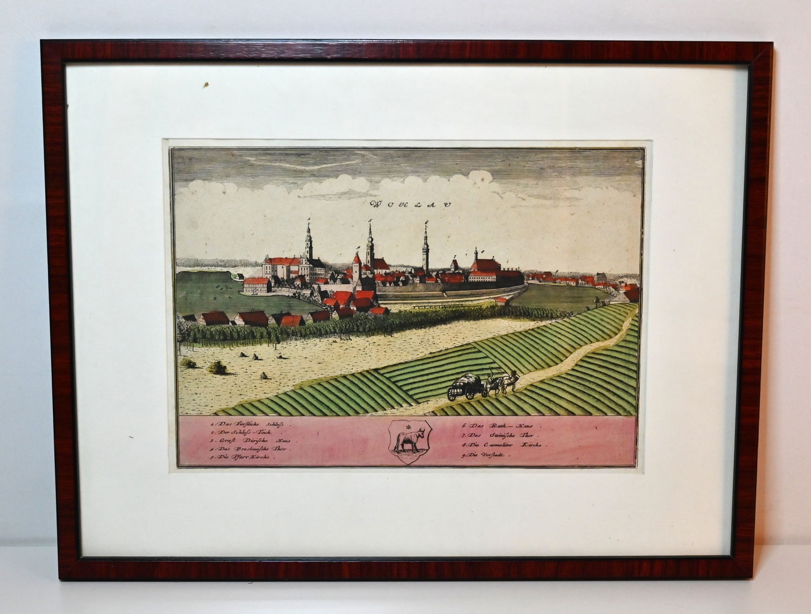 Kupferstich Druck: Wohlau/Wolow, 1738.: Kupferstich Druck: Wohlau/Wolow, 1738. Scenographia urbium Silesiae: Kupferstich Druck Wohlau/Wolow, Gesamtansicht, 1738.Bildmaß: ca. 27.5 × 19 cmM.m.R: ca. 42 × 32 cmScenographia