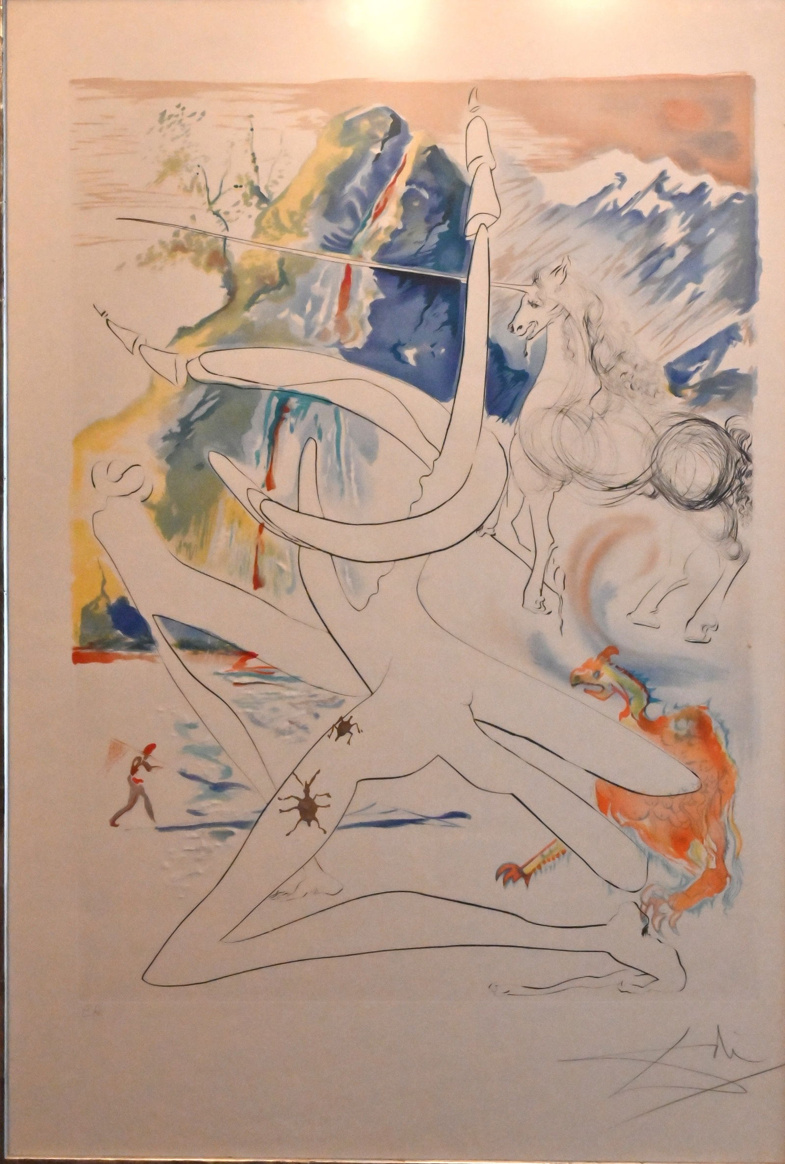 Salvador Dalí - Das Laser-Einhorn zersetzt die Hörner des kosmischen Nashorns, 1974: Salvador Dalí - Das Laser-Einhorn zersetzt die Hörner des kosmischen Nashorns, 1974 Diese Grafik von 1974 aus der Serie „Die Eroberung des Kosmos“ ist ein aufwendiger Druck, der