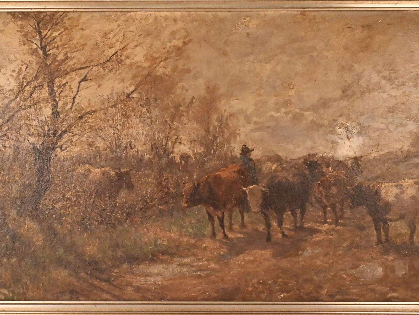 Erwin Stärker - Kühe mit Bauern 1989: Erwin Stärker - Kühe mit Bauern 1989 Erwin Stärker - Kühe mit Bauern 1989Öl auf SpanplatteMaße: 45 x 75 cmAlters und Gebrauchsspuren