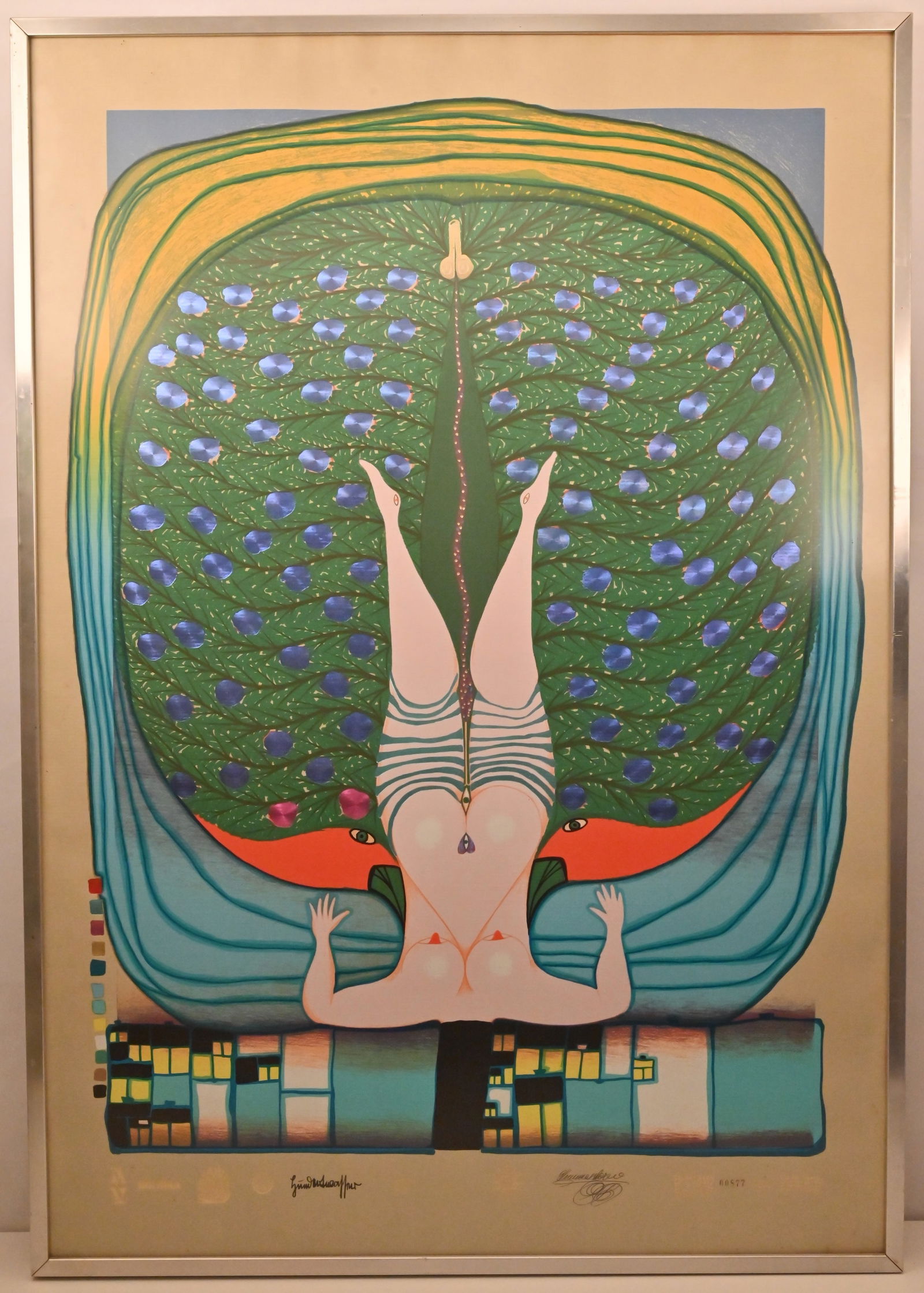 Friedensreich Hundertwasser (1928 - 2000): Hommage à Schröder-Sonnenstern, 1972: Friedensreich Hundertwasser (1928 - 2000): Hommage à Schröder-Sonnenstern, 1972 Ein farbenprächtiger Siebdruck mit Metallprägungen auf grau-braunem Büttenkarton, der als