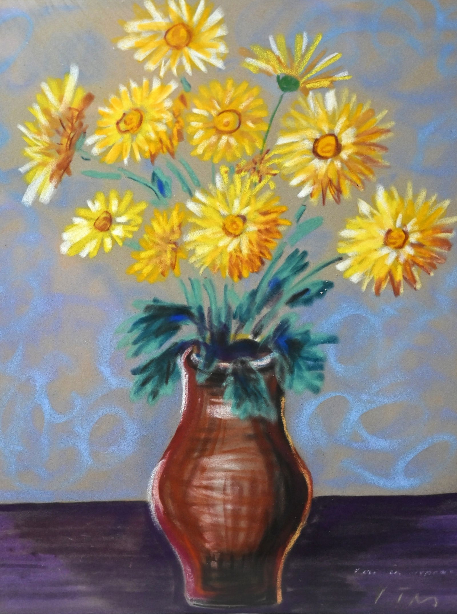 Unbekannter Künstler - Stillleben mit gelben Blumen: Unbekannter Künstler - Stillleben mit gelben Blumen Stillleben mit gelben Blumen in einer Glasvase vor kühl getöntem Hintergrund. Lockere, expressive Pastelführung.Pastell auf