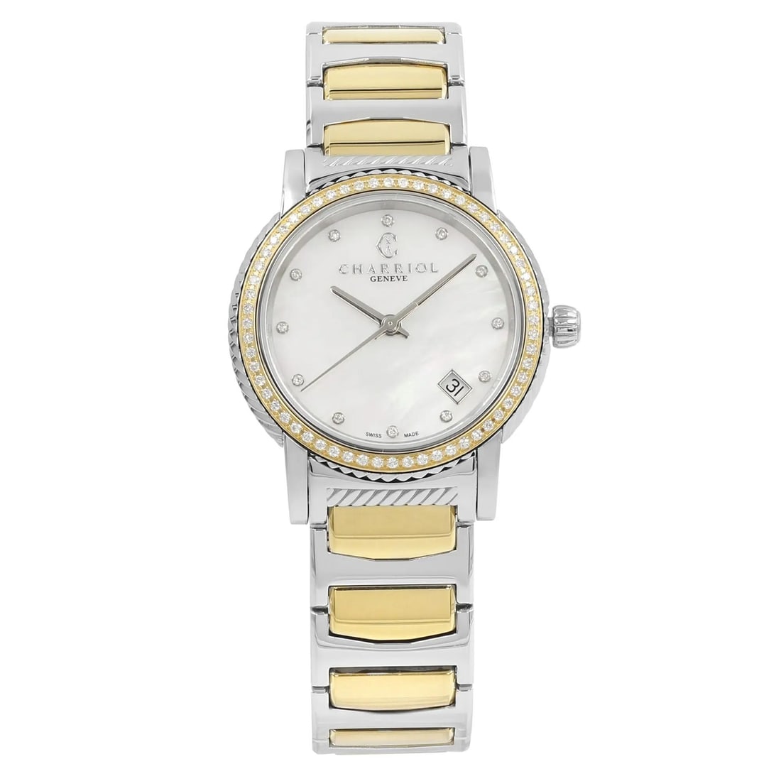 Charriol Parisii P33SY2D Two Tone MOP Quartz Ladies Watch with Diamonds: Charriol Parisii P33SY2D Two Tone MOP Quartz Ladies Watch with Diamonds Discover the elegance of the Charriol Parisii ladies watch, featuring a sophisticated blend of two-tone stainless steel and a st